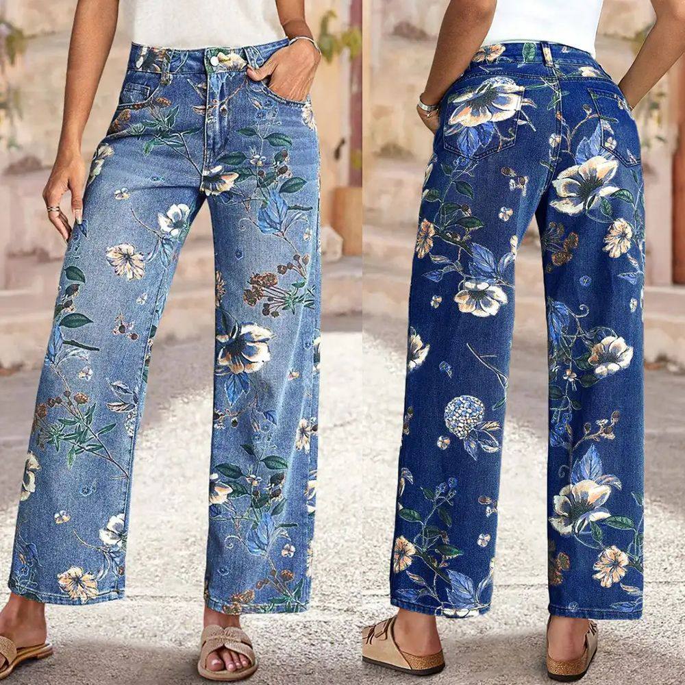 Floral Print High Waist Straight Leg Jeans