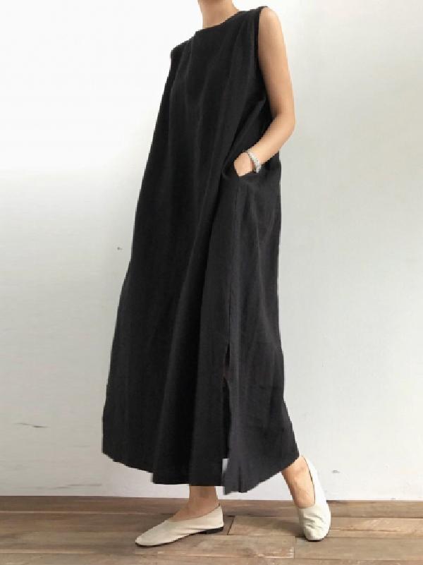 Meselling99 Simple Loose Split-side Sleeveless Long Dress-Maxi Dress-BLACK-FREE SIZE-Free Shipping at meselling99