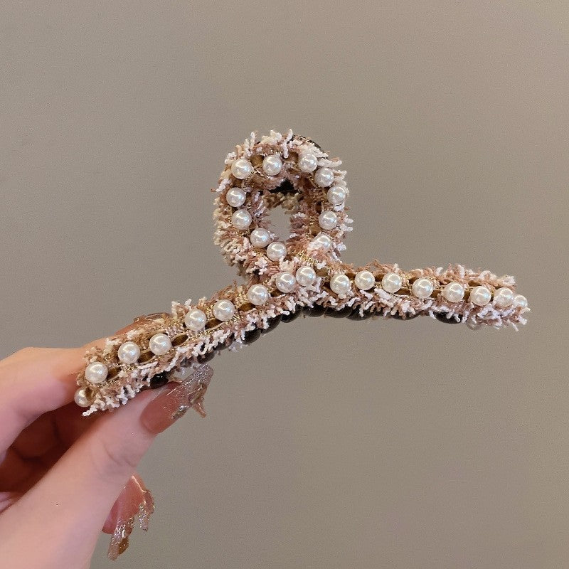 Elegant Tweed Pearl Hair Claw Clip