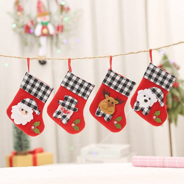 Black White Plaid Cute Cartoon Patchwork Christmas Sock Gift Bag