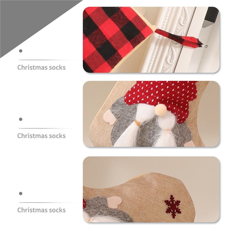 Linen Rudolph Plaid Sock Gift Bag Christmas Decoration