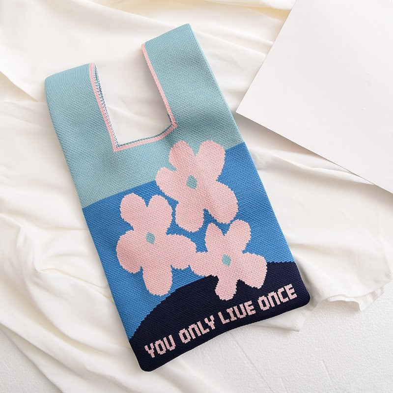 Contrast Color Cute Knitted Handbag Reusable Bag