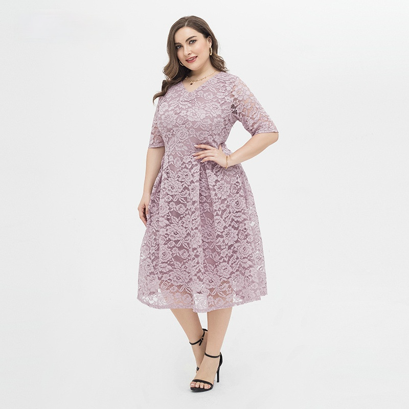 Women Plus Sizes Lace Short Sleeve Dresses-Plus Size Dresses-Pink-XL-Free Shipping at meselling99