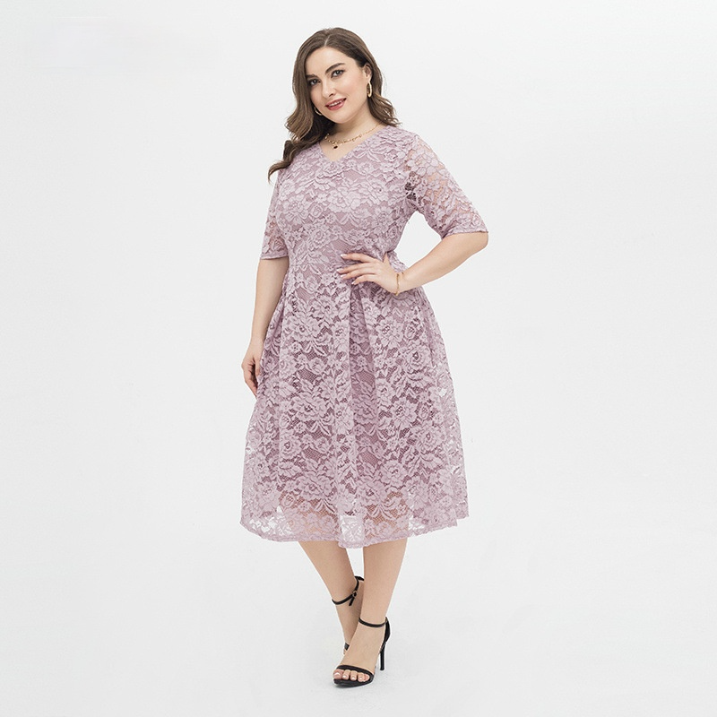 Women Plus Sizes Lace Short Sleeve Dresses-Plus Size Dresses-Free Shipping at meselling99