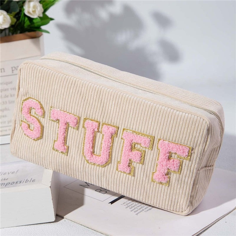 Large Capacity Corduroy Embroidered Letter Makeup Bag