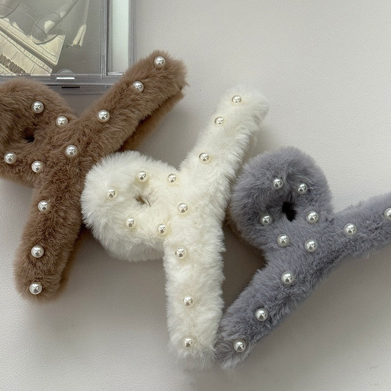 Furry Pearl Large Hair Claw Clip