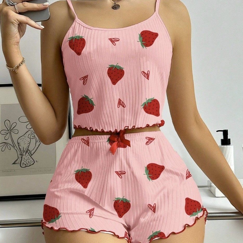 Summer Women's Pajama Set: Ribbed Heart Print Tank Top And Shorts