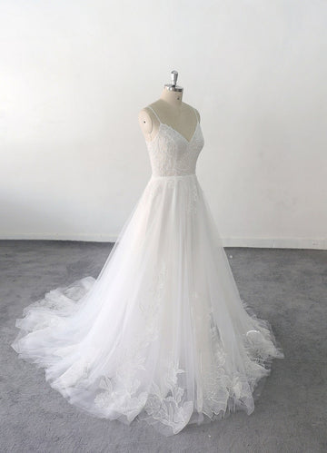 Large Flower Backless Lace Simple Wedding Dress V Neckline Wedding Dresses