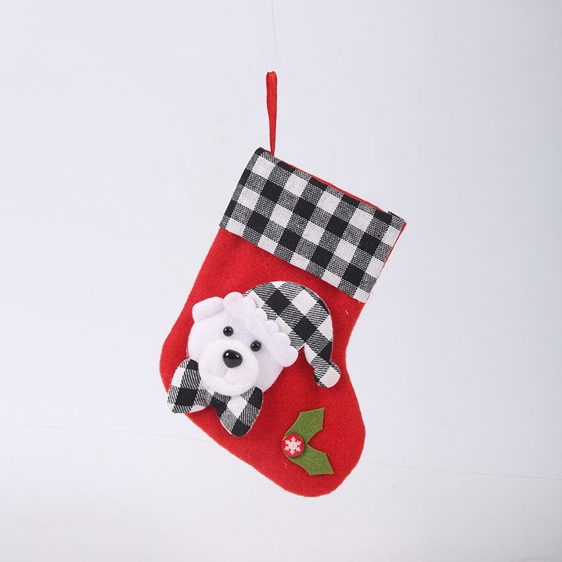 Black White Plaid Cute Cartoon Patchwork Christmas Sock Gift Bag