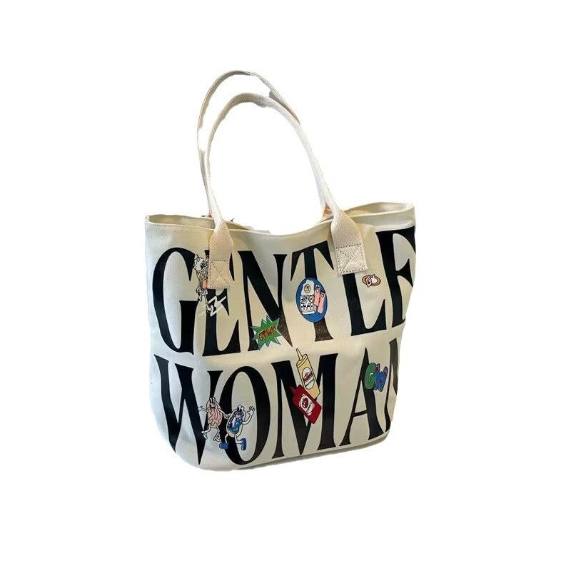 Large Capacity Canvas Shoulder Bag With Cute Cartoon Print