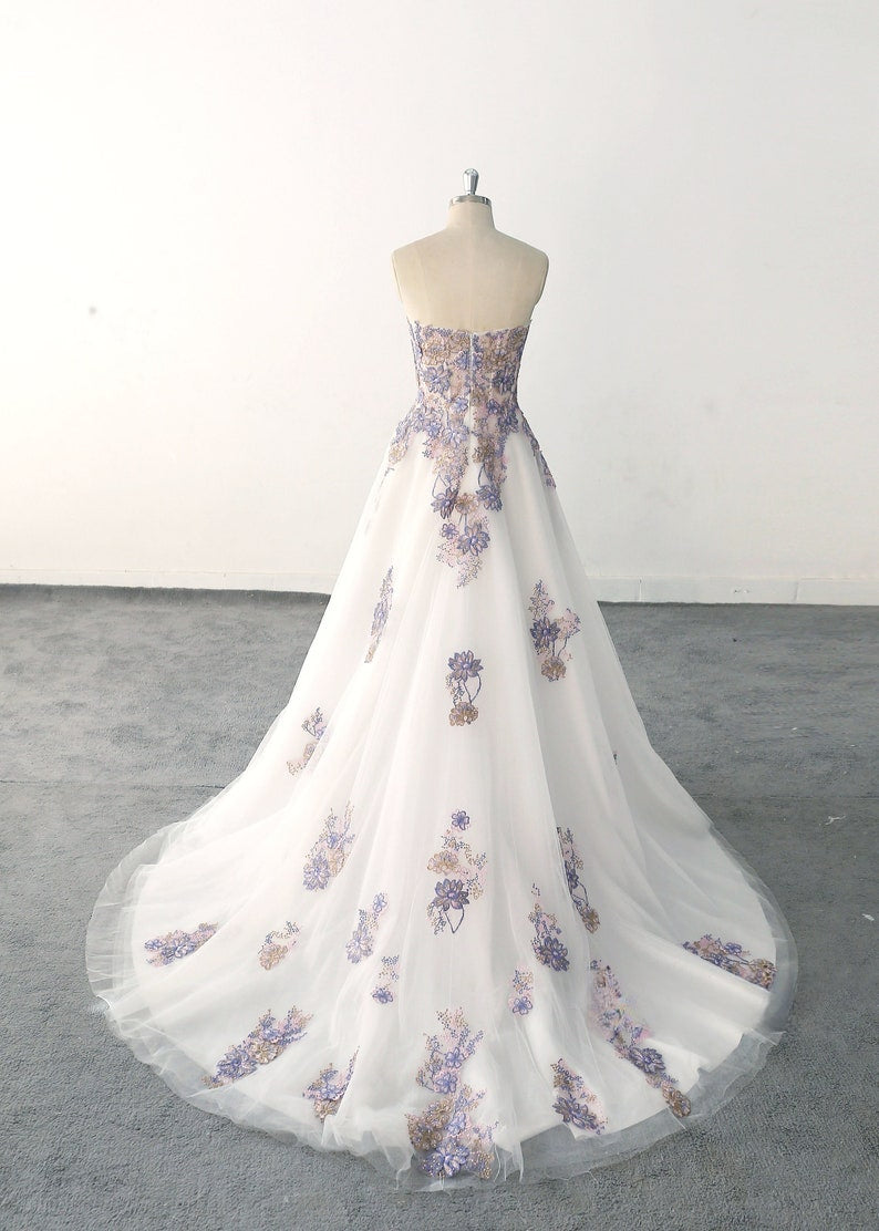 Romantic Purple A-line Wedding Dress Colorful Lace Wedding Dresses