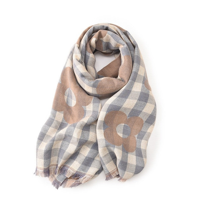 Contrast Color Plaid Flower Pattern  Imitation Cashmere Warm Shawl Scarf