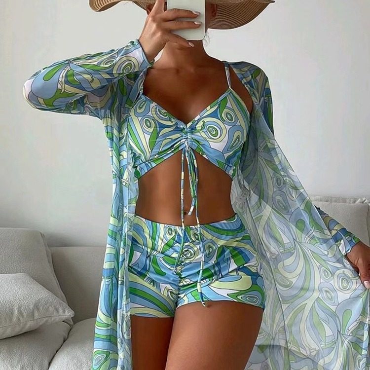 High Waist Long Sleeve Bikini Set With Cover Up And Drawstring Bottoms
