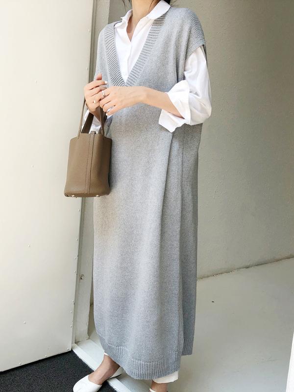 Meselling99 Knitting Loose V-Neck Sleeveless Long Dress-Maxi Dress-GRAY-FREE SIZE-Free Shipping at meselling99