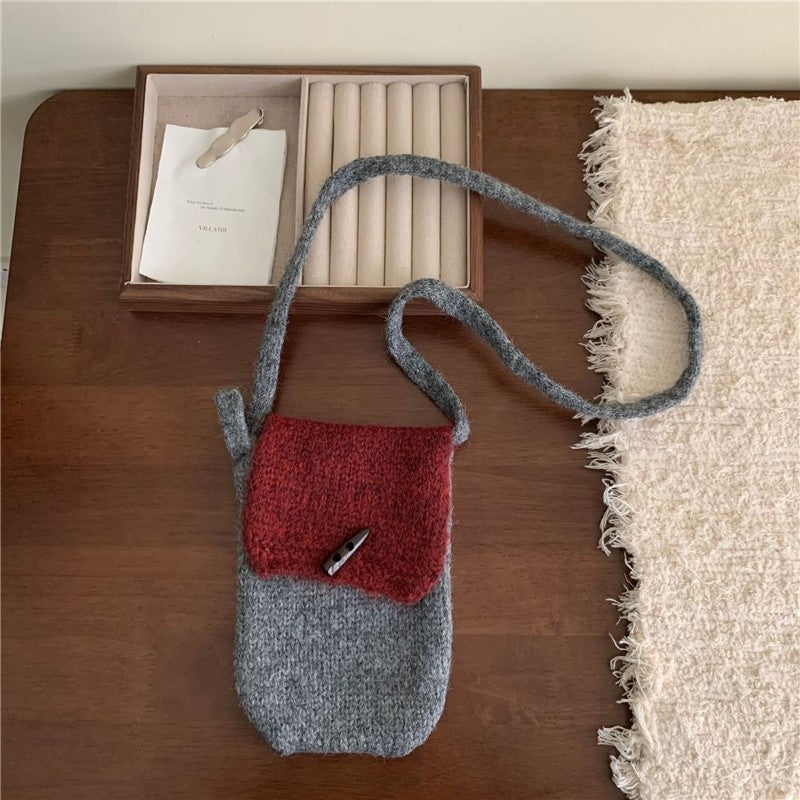 Color Block Horn Button Knit Shoulder Phone Bag