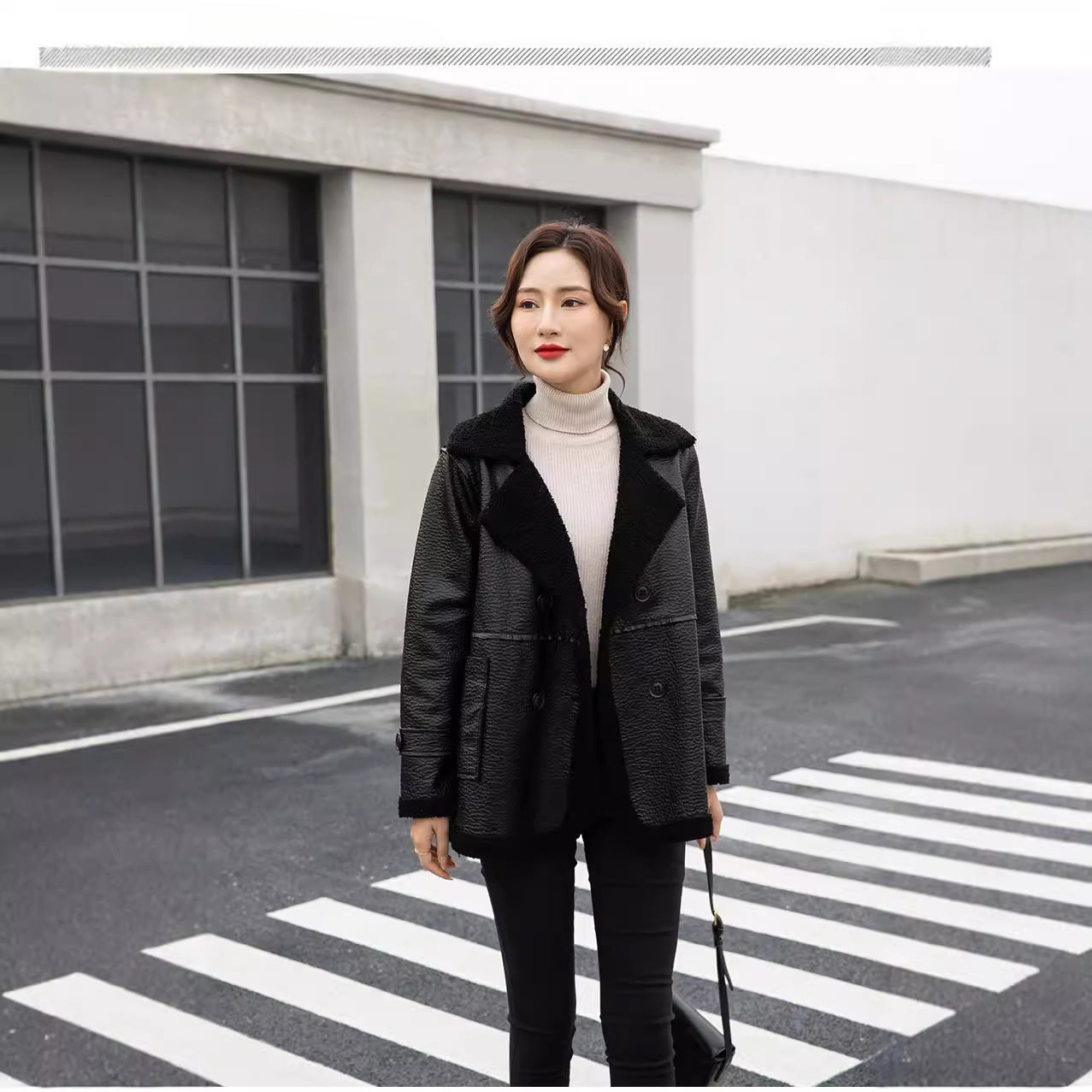 Women's Winter Faux Fur-Trimmed  Plus Sizes Leather Jacket