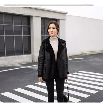 Women's Winter Faux Fur-Trimmed  Plus Sizes Leather Jacket