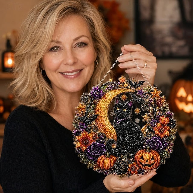 Halloween DIY Black Cat Moon Diamond Art Hanging Ornament Kit
