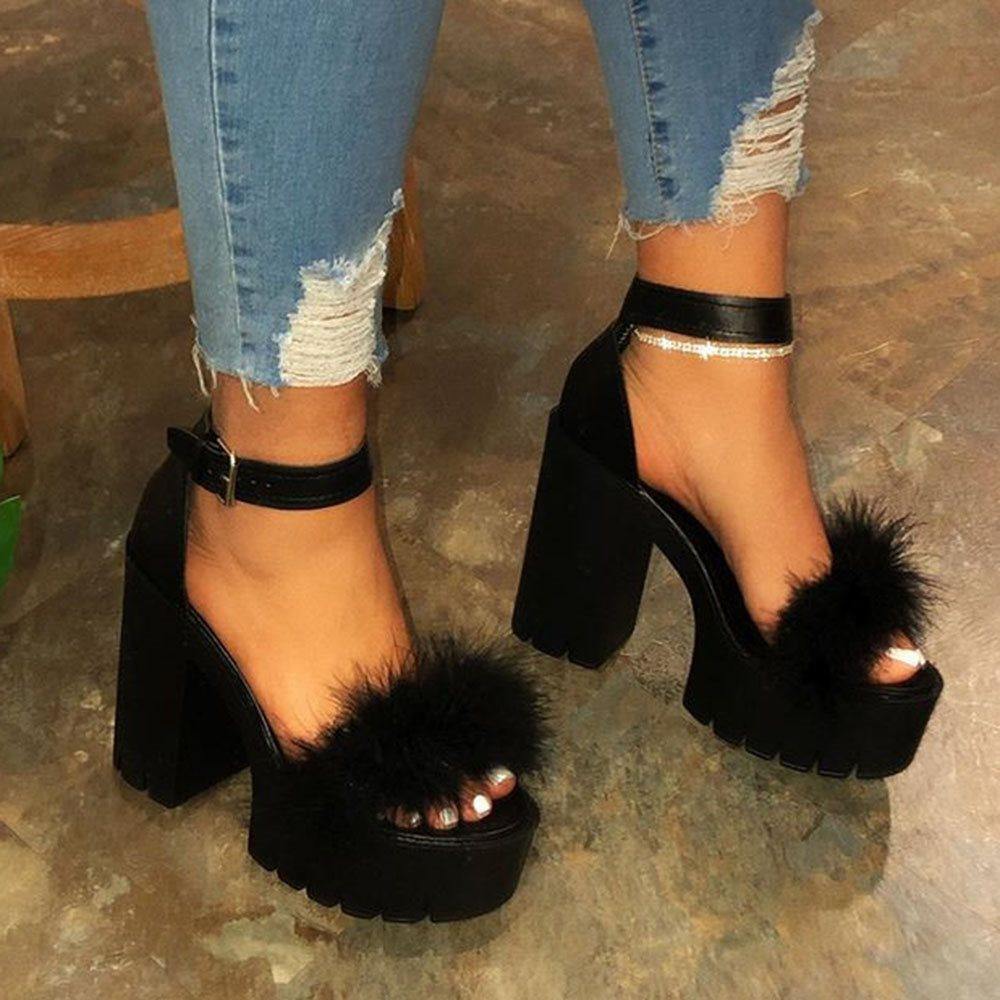 Black Chunky Heel Open Toe Sandals-STYLEGOING
