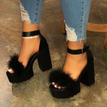 Black Chunky Heel Open Toe Sandals-STYLEGOING