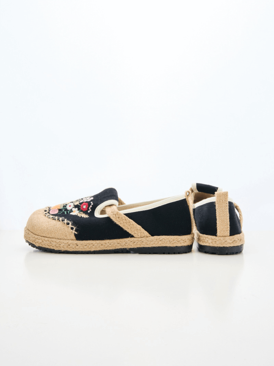 Gemma Floral Embroidered Linen Espadrilles - Black