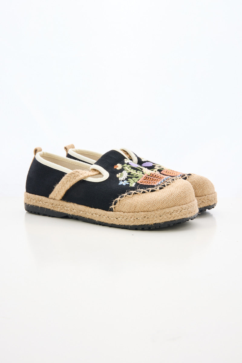 Kahului Embroidered Linen Espadrilles - Black