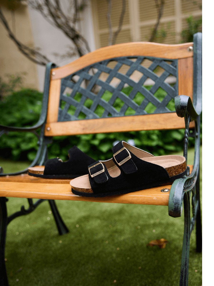 Double Strap Suede Footbed Sandal - Black