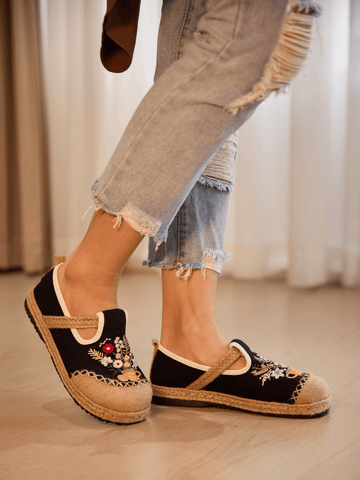 Kahului Embroidered Linen Espadrilles - Black