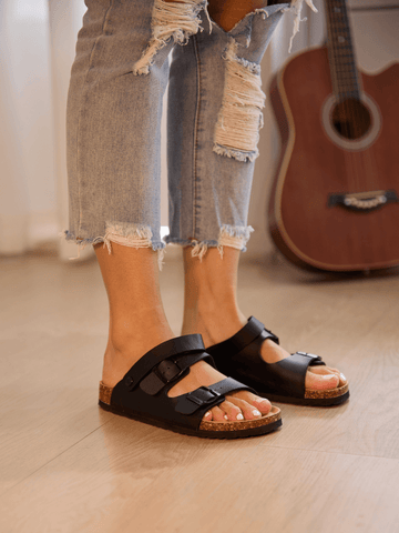 Double Strap Slingback Footbed Sandal - Black