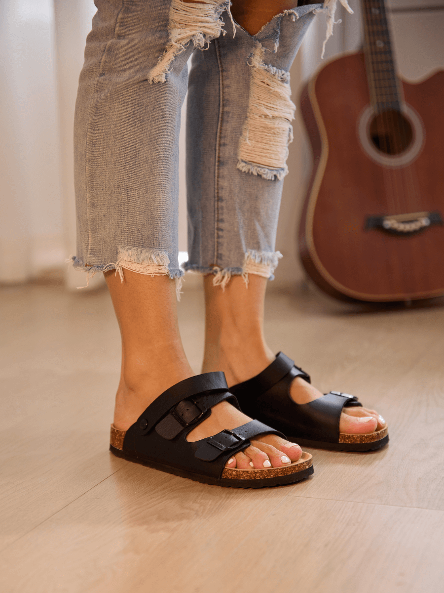 Double Strap Slingback Footbed Sandal - Black