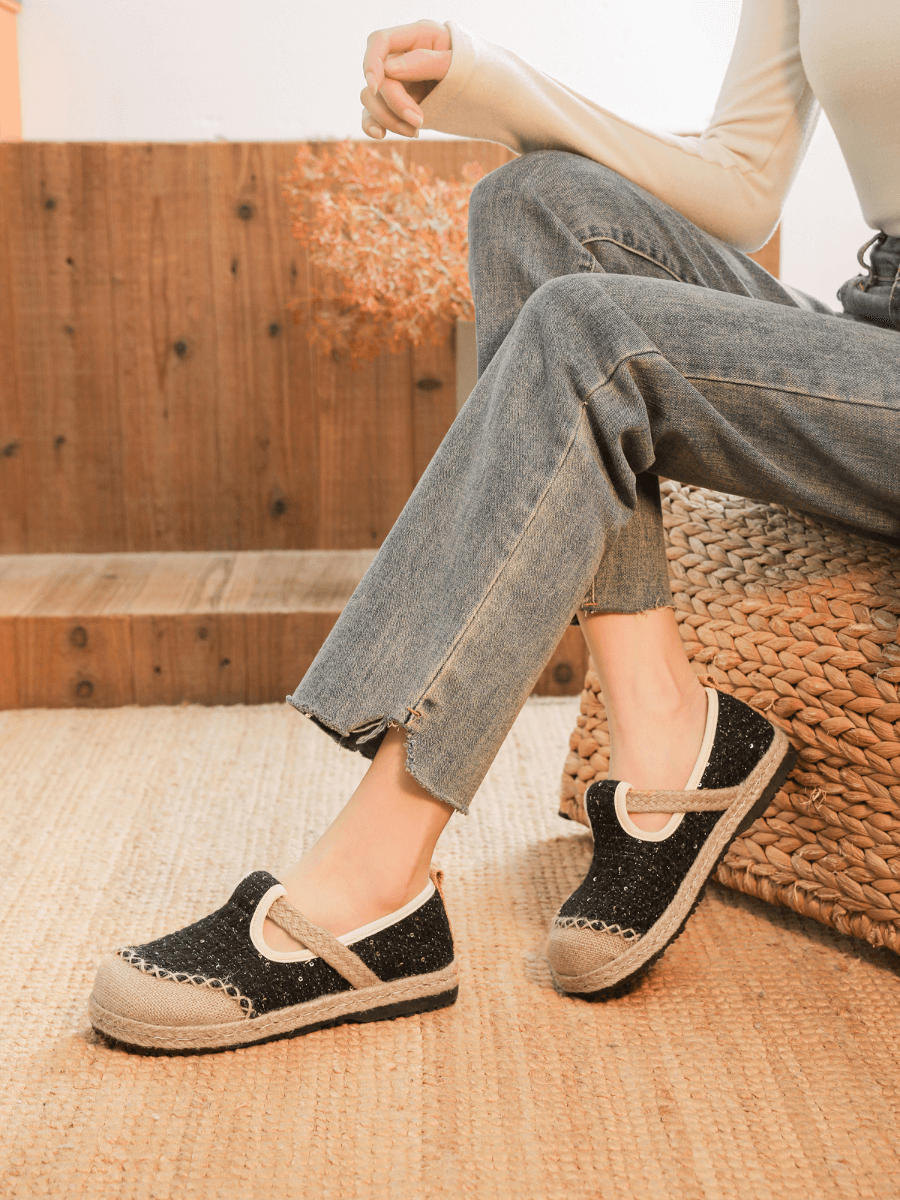 Renata Sparkle Linen Espadrilles - Black