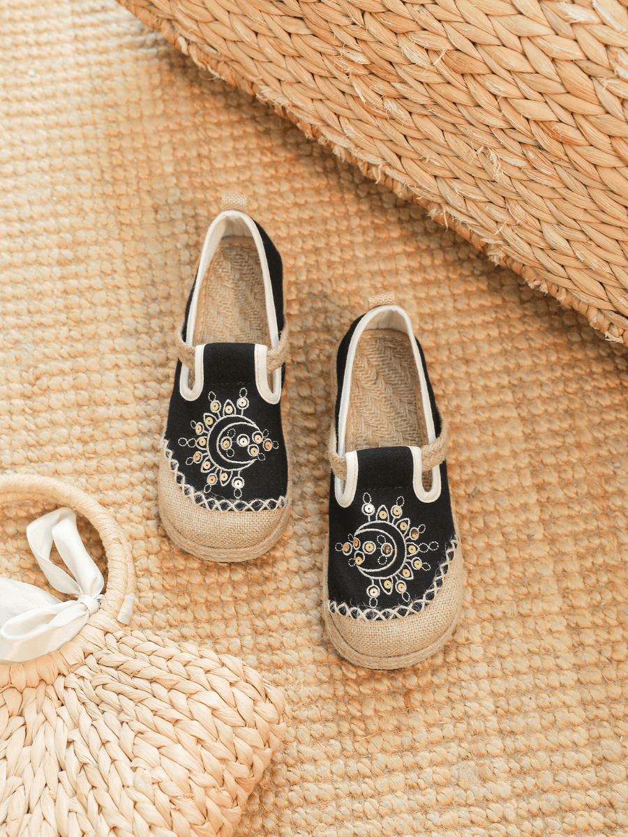 Blooming Moon Embroidered Linen Espadrilles - Black
