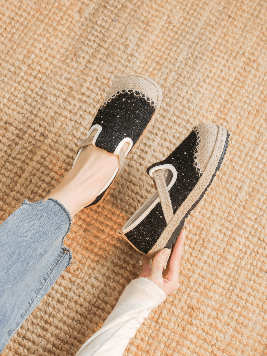Renata Sparkle Linen Espadrilles - Black