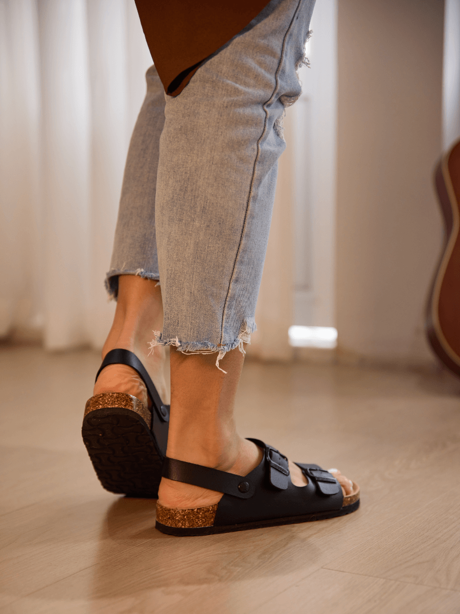 Double Strap Slingback Footbed Sandal - Black