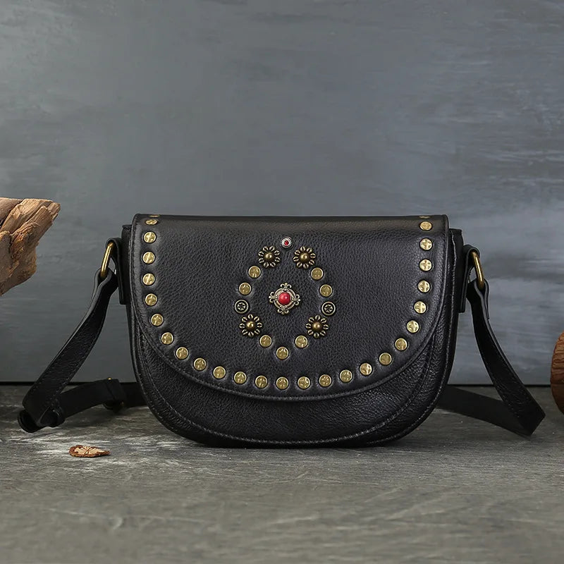 Genuine Leather Women's Saddle Bag - Retro Handmade Rivet Crossbody Bags