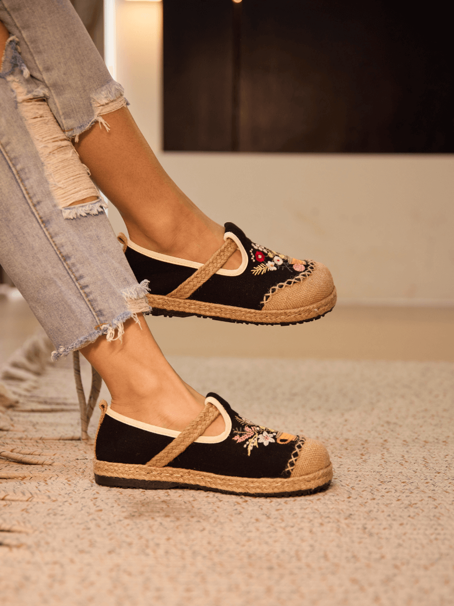 Kahului Embroidered Linen Espadrilles - Black