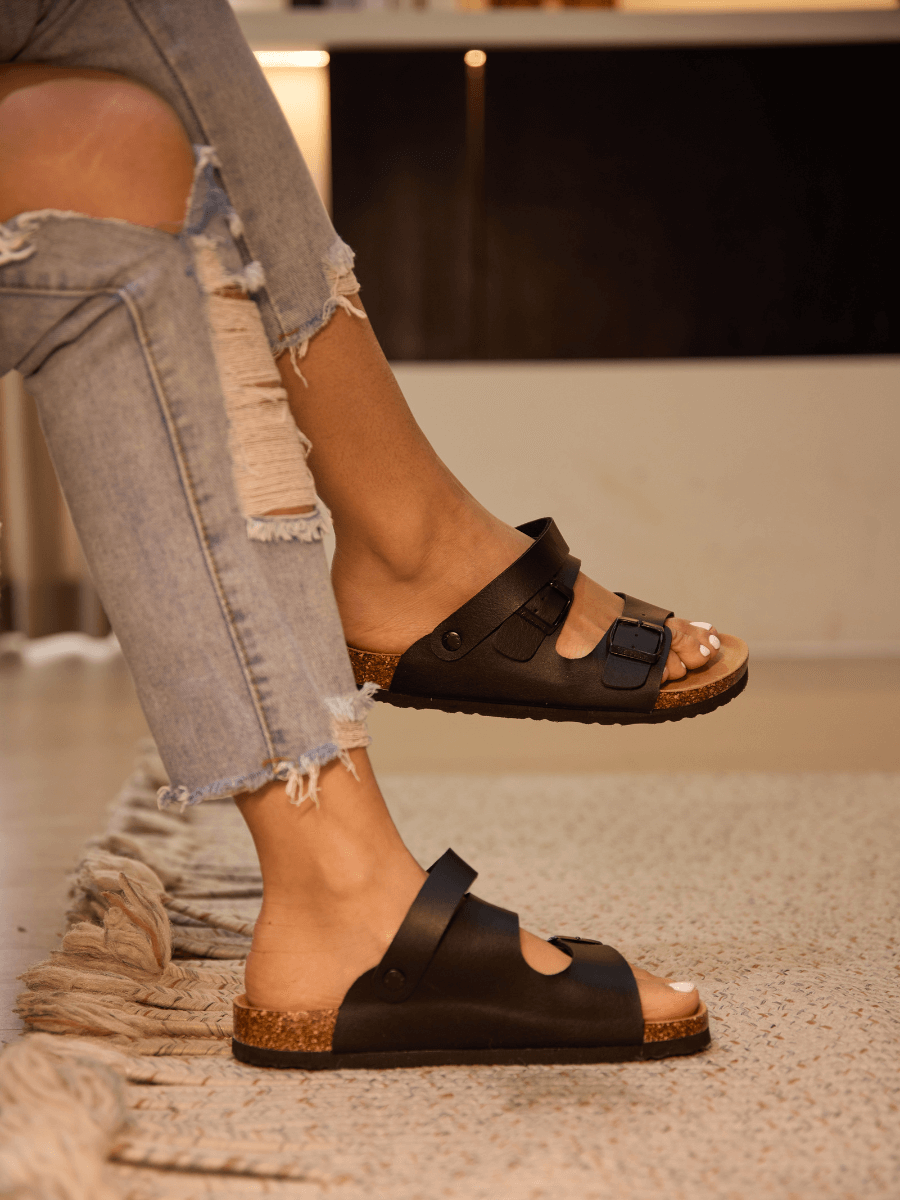 Double Strap Slingback Footbed Sandal - Black