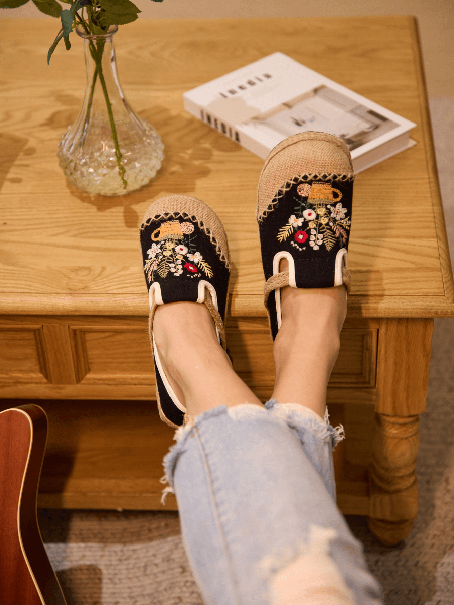 Kahului Embroidered Linen Espadrilles - Black