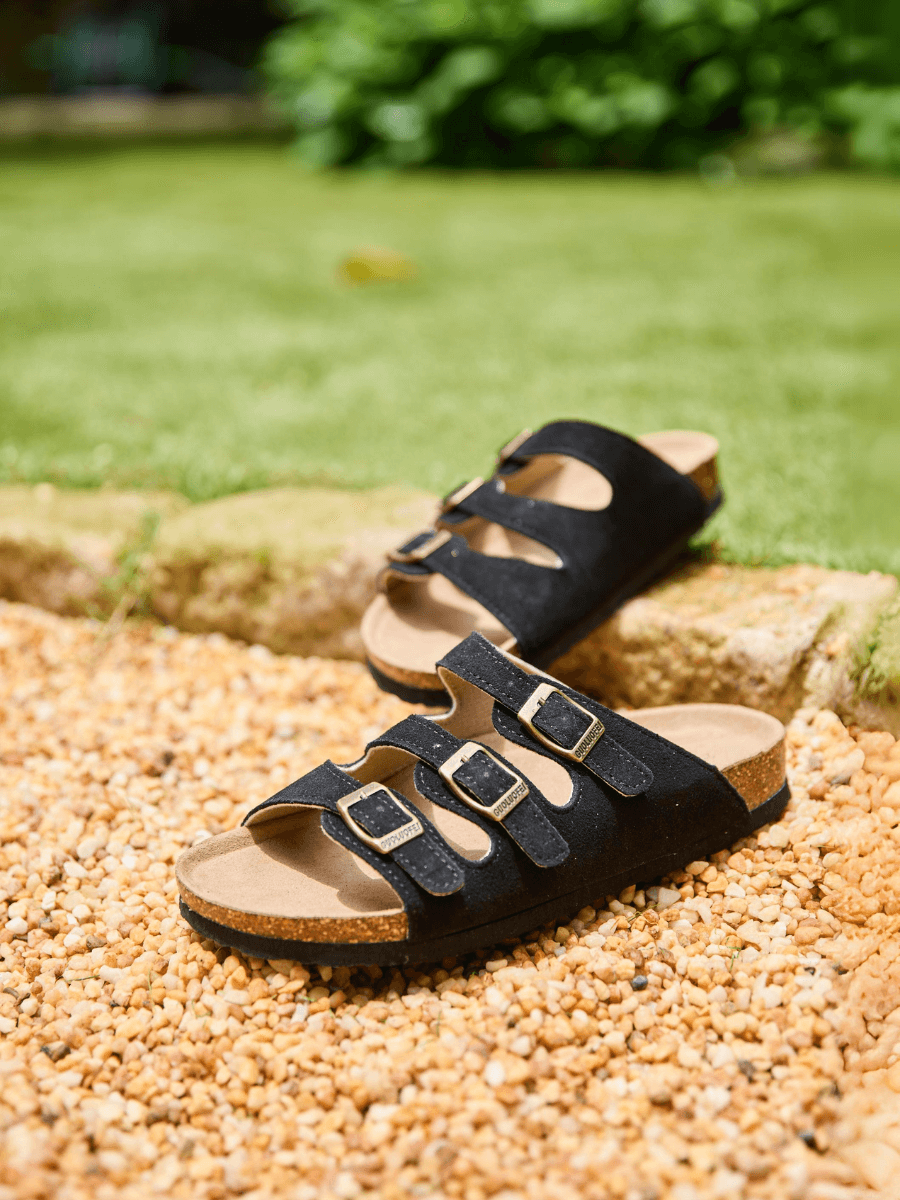 Signature Tri Strap Suede Footbed Sandal - Black