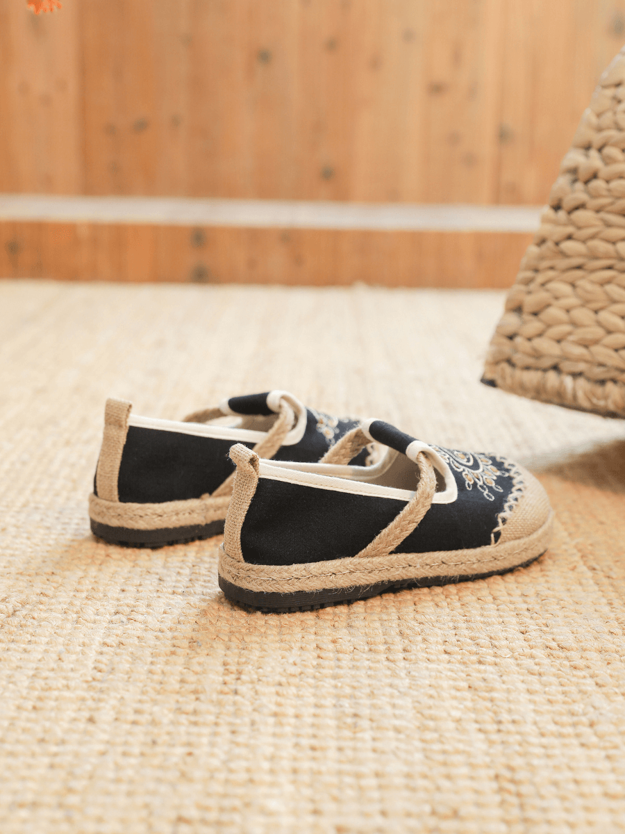 Blooming Moon Embroidered Linen Espadrilles - Black