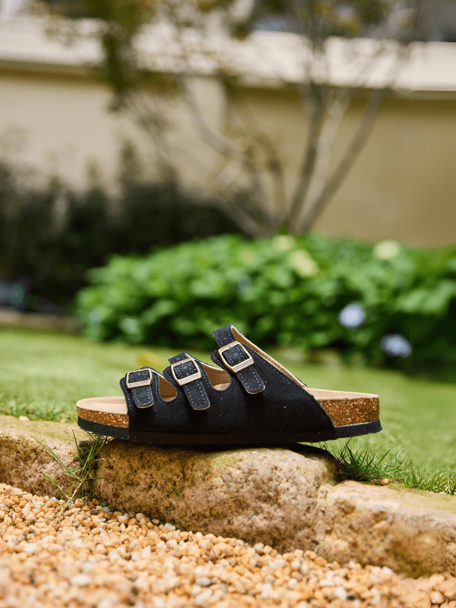 Signature Tri Strap Suede Footbed Sandal - Black