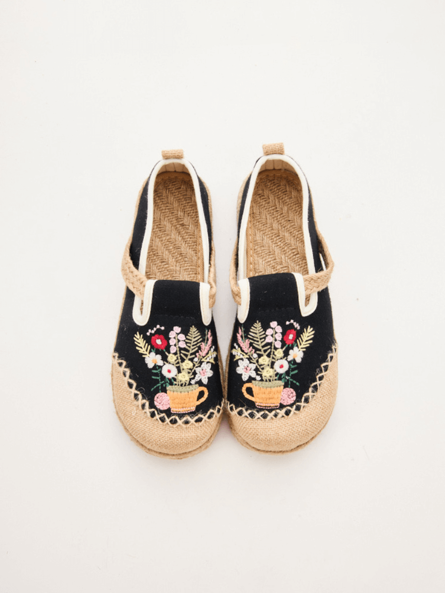 Gemma Floral Embroidered Linen Espadrilles - Black