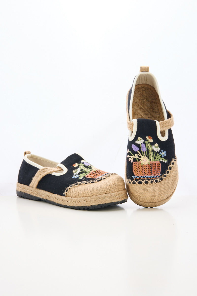 Kahului Embroidered Linen Espadrilles - Black