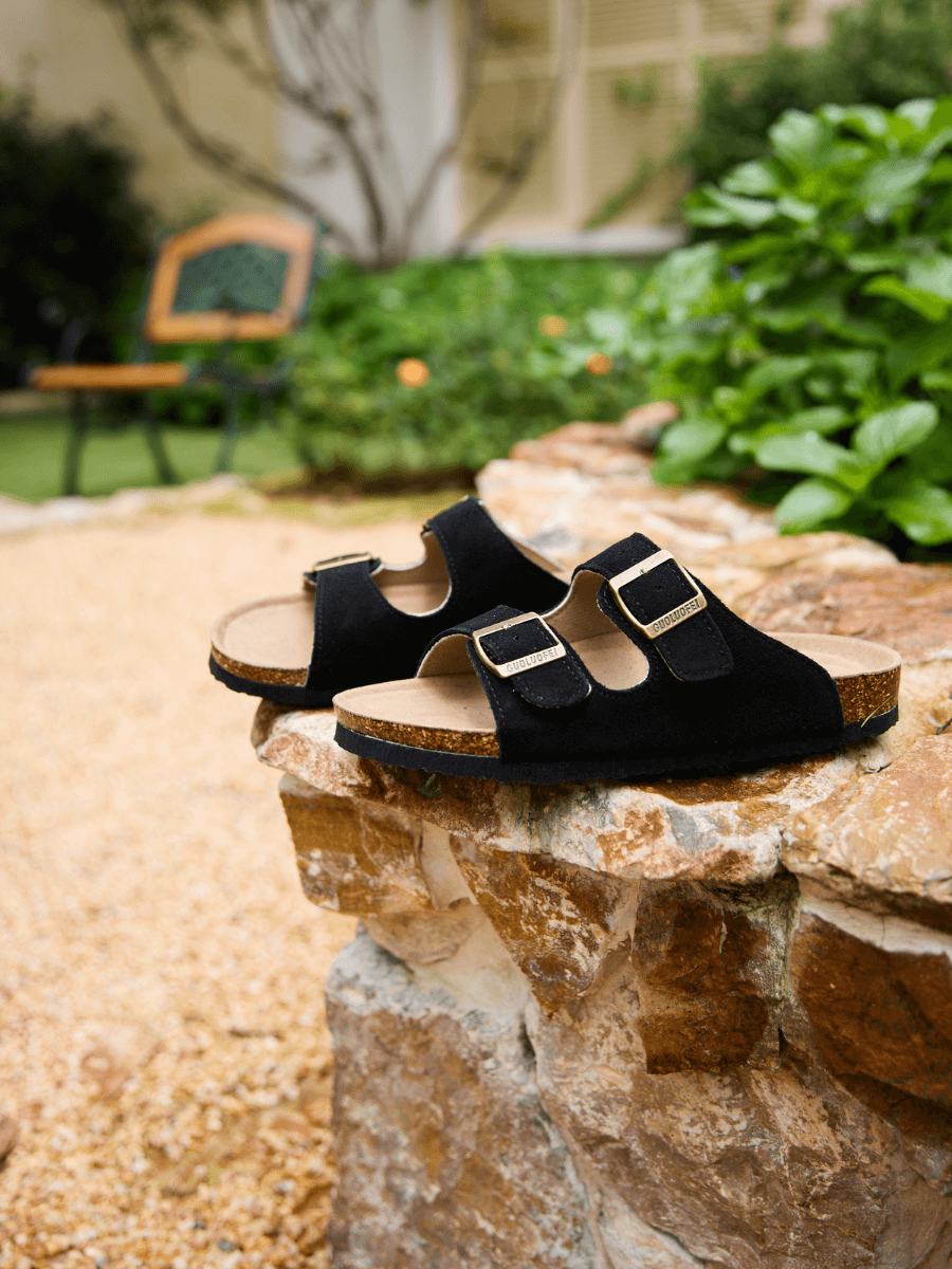 Double Strap Suede Footbed Sandal - Black