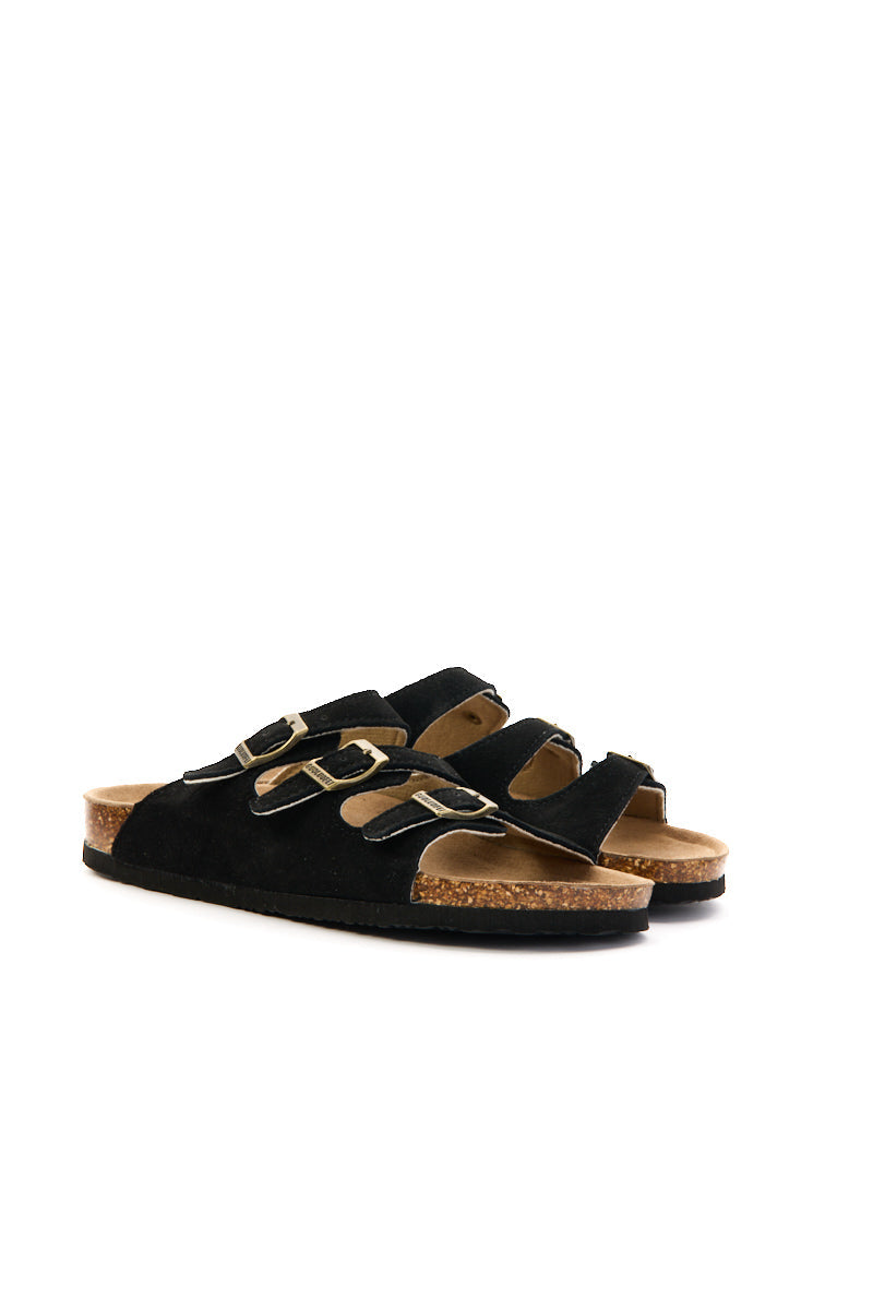 Signature Tri Strap Suede Footbed Sandal - Black