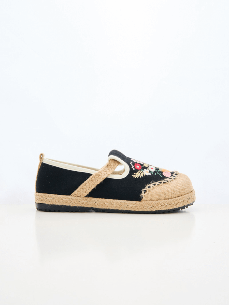 Gemma Floral Embroidered Linen Espadrilles - Black