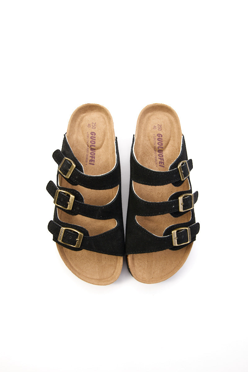 Signature Tri Strap Suede Footbed Sandal - Black