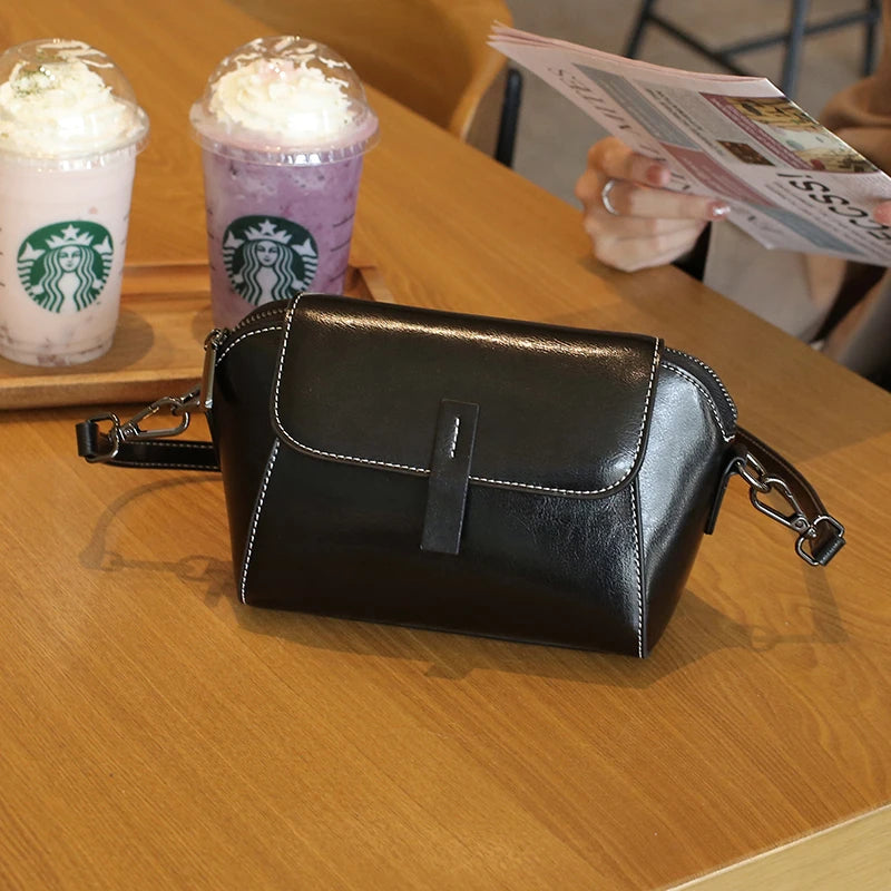 Oil Wax Cowhide Leather Crossbody Bag - Fashionable Versatile Shoulder Shell Handbag