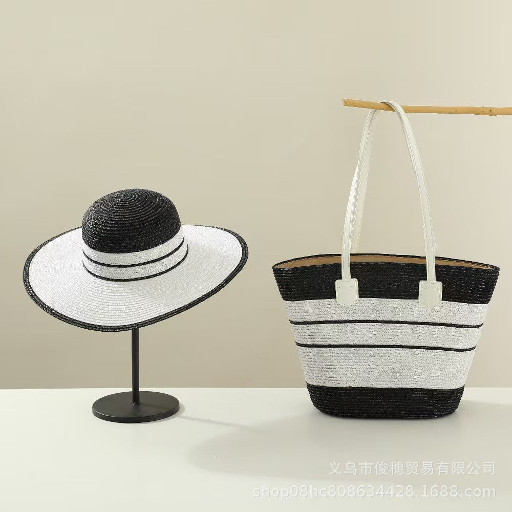 Handmade Designer Beach Straw Hat and Bag Set for Women