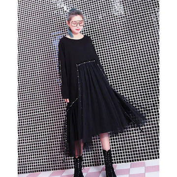 Black Loose Rivet Gauze Splicing Dress-Maxi Dresses-Free Size-Black-Free Shipping at meselling99